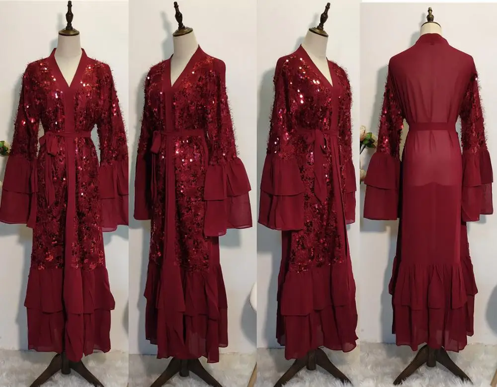 wine red abaya Роскошные мусульманские блёстки абайя Макси платье с расклешенными рукавами хиджаб длинный халат кимоно Джаба Рамадан ИД Арабский Дубай Исламская молитва - Цвет: wine red abaya