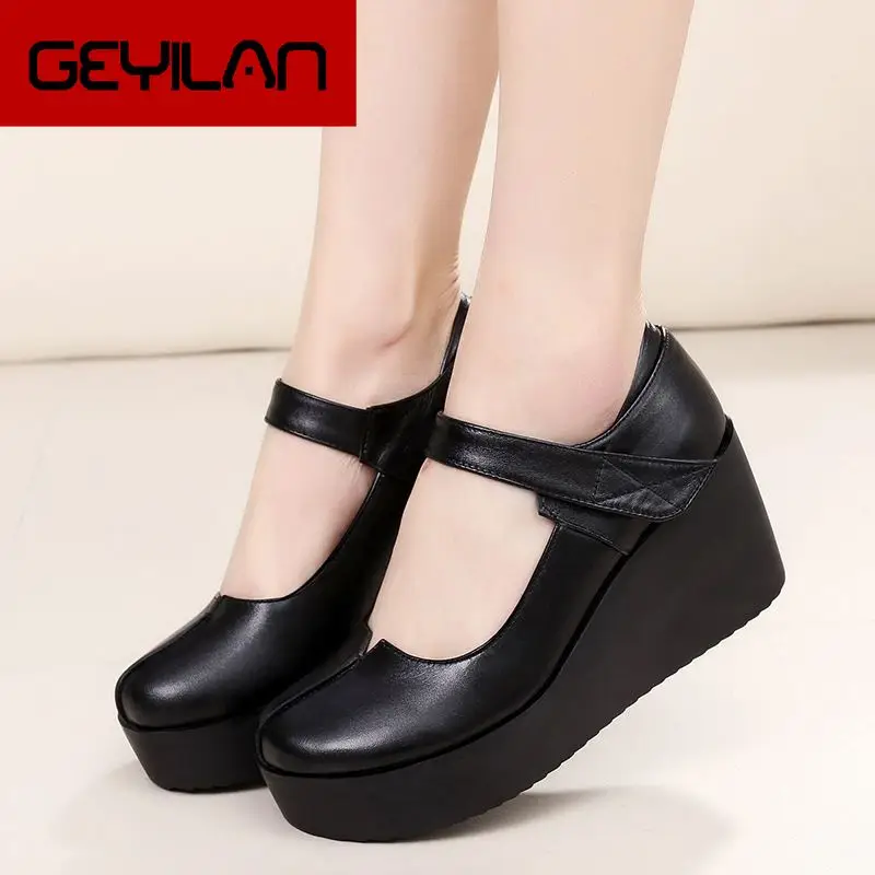 

2020 Spring Leather Women Pumps Platform Wedges Round Toes Ankle Strap Black High Heels Women Shoes