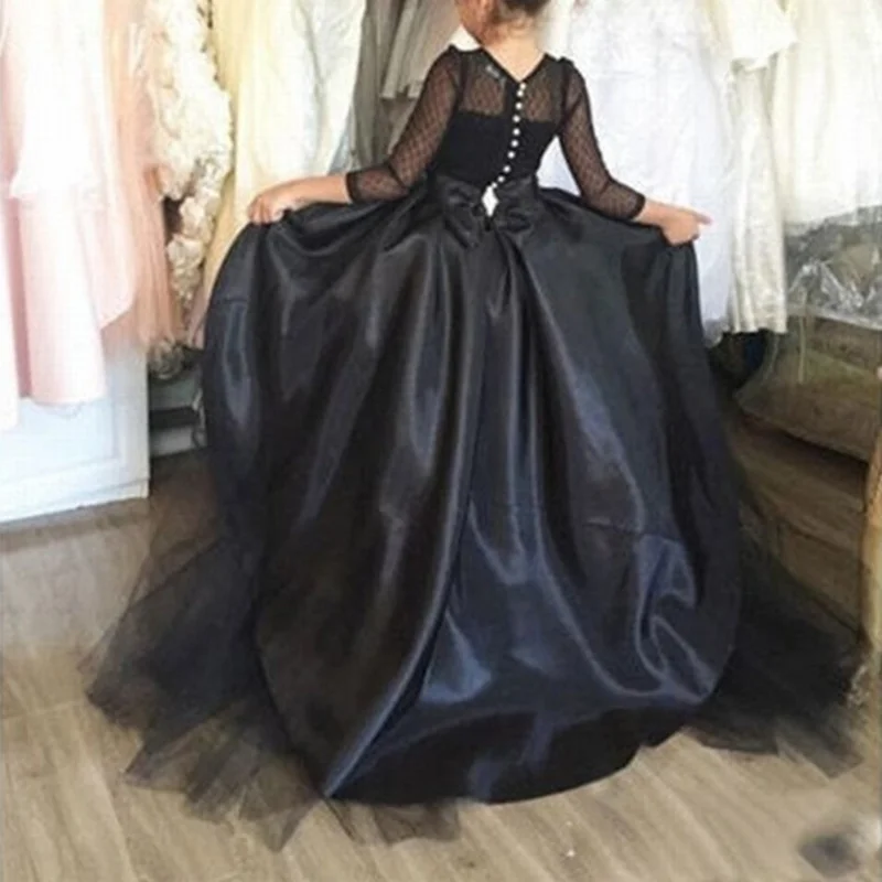 Kids Black Hi-Lo Long Sleeve Girl's Pageant Dresses Flower Girl Dresses with Bow for Wedding Party Birthday Princess Gown