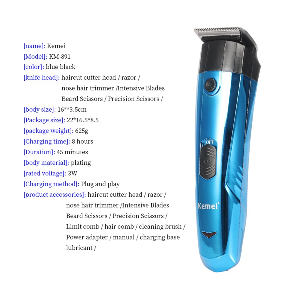 Kemei KM-891 11 In 1 Quiet Professional Hair Trimmer Styling Tools Sets Hair Clippers Hairs Cutting Machine EU Plug