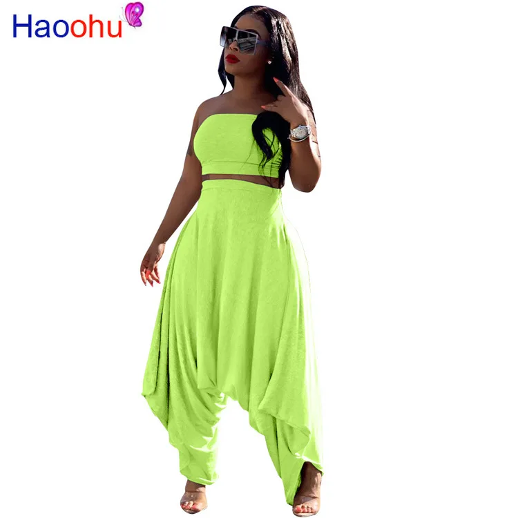 

HAOOHU Sexy Two Piece Set Women Festival Crop Top and Harem Pants Fall 2019 2 Piece Club Outfits Neon Plus Size Matching Sets