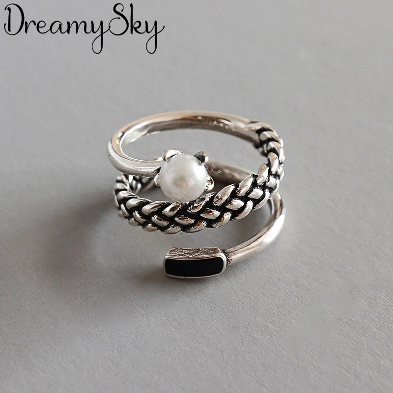 DreamySky 925 пробы серебряные Многослойные кольца с искусственным жемчугом для женщин большие античные кольца ювелирные изделия на палец высокое качество