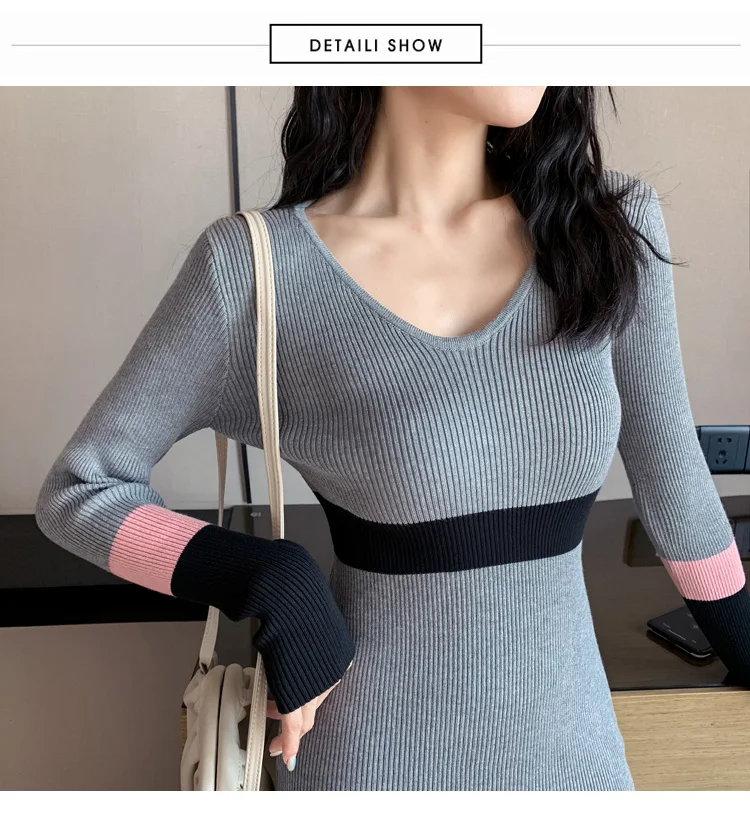 HAYBLST Brand Womens Sweater Dress Fall Winter Sexy Vestidos Kawaii Elegant Korean Style Long Sleeve Knitting Slim Clothing