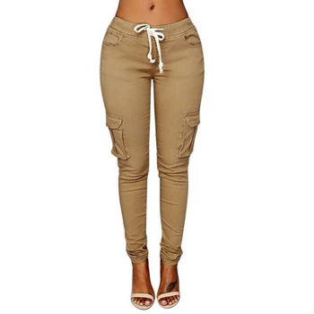 

Dihope 2020 Spring Lace Up Waist Casual Women Pants Solid Pencil Pants Multi-Pockets Plus Size Straight Slim Fit Trousers