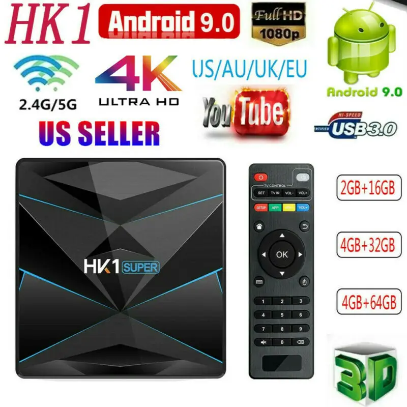 

US UK EU Plug 4 GB 32 GBHK1 SUPER SMART TV BOX Android 9.0 4K HD Quad 2.4/5.8G Dual WiFi 3D Media Player