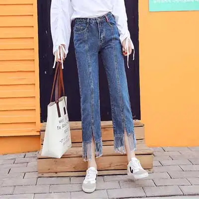 Dark blue FSummer джинсы с бахромой новые женские девять очков ноги брюки Узкие повседневные синие джинсы осенние брюки-карандаш однотонные женские джинсы - Цвет: Dark blue