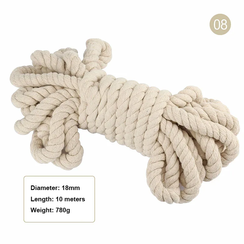 Beige 18mm 10M 10 метров бежевый три витые тканые круглые хлопковые веревки 5 мм/6 мм/7 мм/8 мм/10 мм/12 мм/15 мм/18 мм/20 мм толстый шнур DIY гобелены ручной работы - Цвет: Beige 18mm 10M