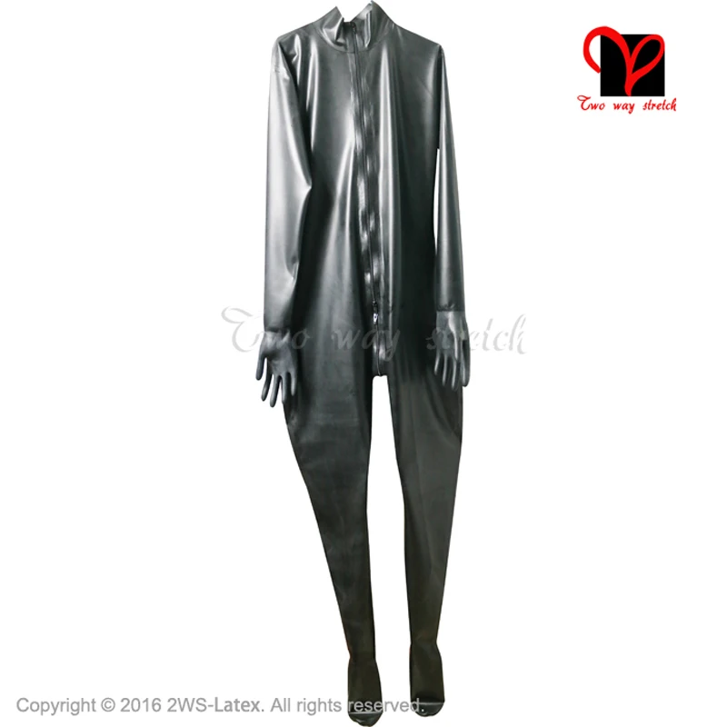 Black Front Zipper Latex Suit Unitard Sexy Zentai Overall Feet Socks Gloves Rubber Catsuit Plus Size Lt-019