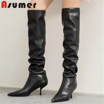 

ASUMER 2020 new fashion sexy thin high heels ladies party prom shoes pleated slim long boots women knee high boots big size 43