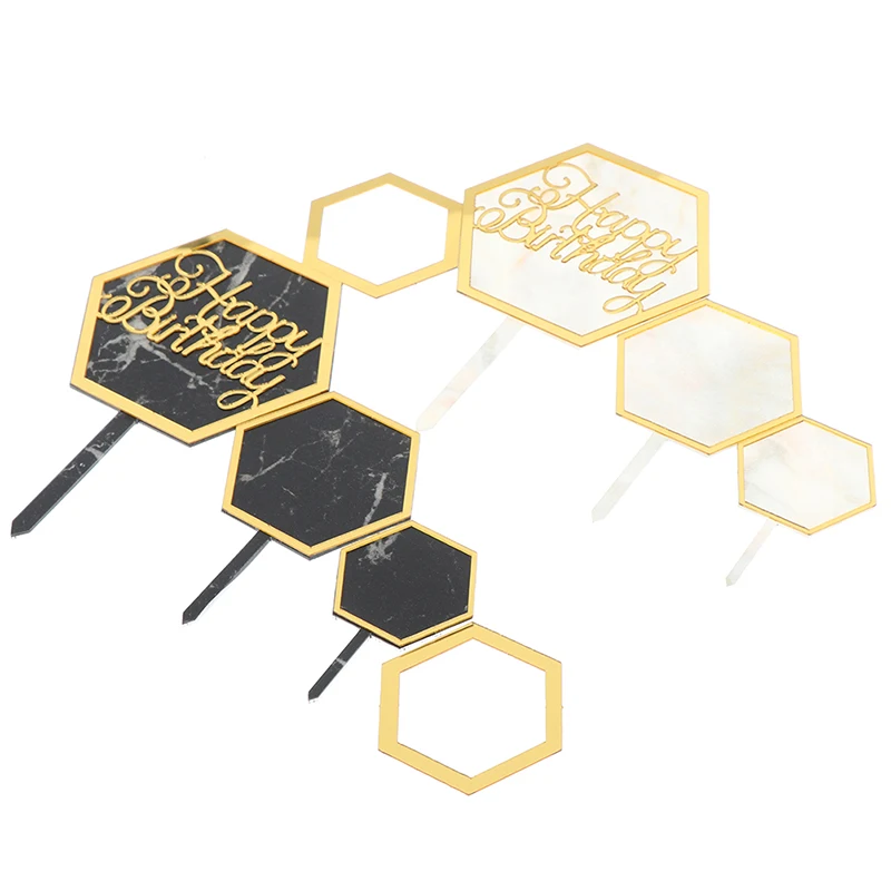 INS Marble Acrylic Cake Topper Hexagon Gold Happy Birthday Cake Topper For Kids Birthday Party Cake Decorations Baby Shower