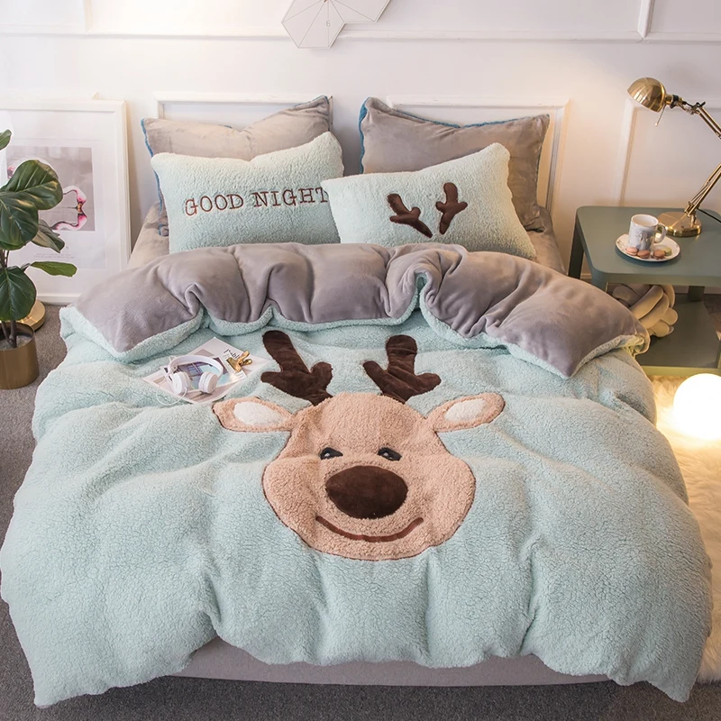 

New Lamb Velvet Fabric Elk Rabbit Bedding sets Christmas bed set double Twin queen size bed cover set bed sheet set pillowcase