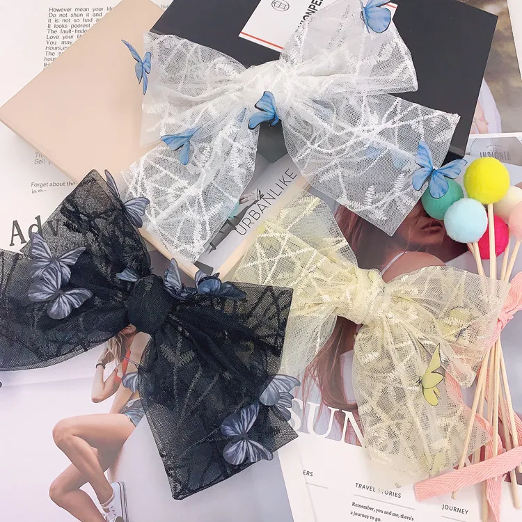 

New Korean Fashion Bud silk gauze Barrette Hair Accessories Multi-layer Bow Lace Hairpins Spring Clip Embroidery Top Clip