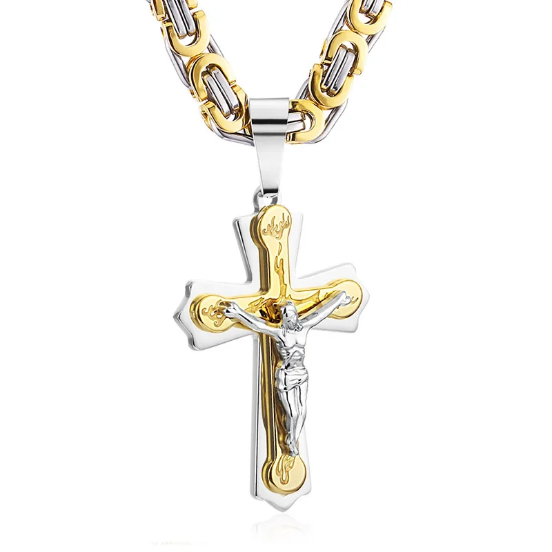 Gold Silver Tone Религиозная Подвеска "Иисус", ожерелье с крестом для мужчин, золото, нержавеющая сталь, распятие, подвеска с цепочкой, ожерелье s, мужское ожерелье, ювелирное изделие, подарок - Окраска металла: Gold Silver Tone