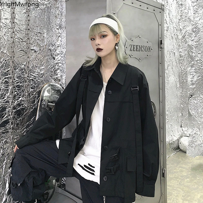 В стиле панк, хип-хоп, Корейская уличная одежда, Harajuku, пряжка, ремень, лента, карман, Свободная блузка для женщин и мужчин, топ, рубашка, длинный рукав, Blusas, футболка с готическим рисунком