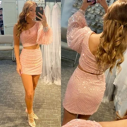 Sequin One Shoulder Pink Ladies Tight Dress Graduate Glitter Party Club Short Evening Dress Vestido فساتين السهرة robe soirée