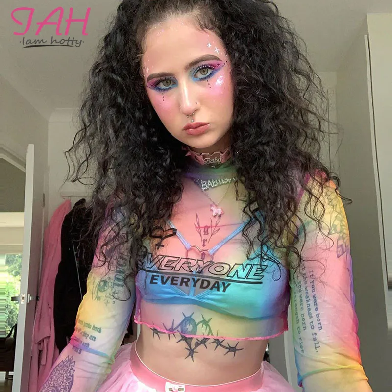 

Iamhotty Woman Shirts Casual Long Sleeve Turtleneck Transparent Camisas Mujer 2019 Sweet Tie Dye Letter Print T Shirt For Femme