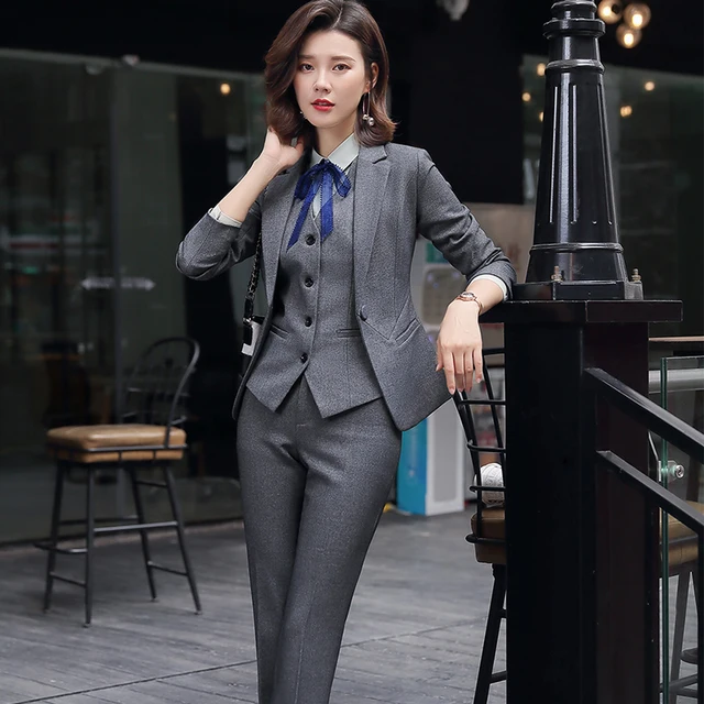 Office Lady 3 Piece Set Women Formal Work Wear Pant Suit Uniform Designs Single Button Black Gray Blazer Jacket Vest and Pant As shown