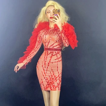 

New Red Lace Sleeve Rhinestone Sequined Short Dress Women Birthday Prom Party Outfit Long Sleeve Singer Dancer Show Costume