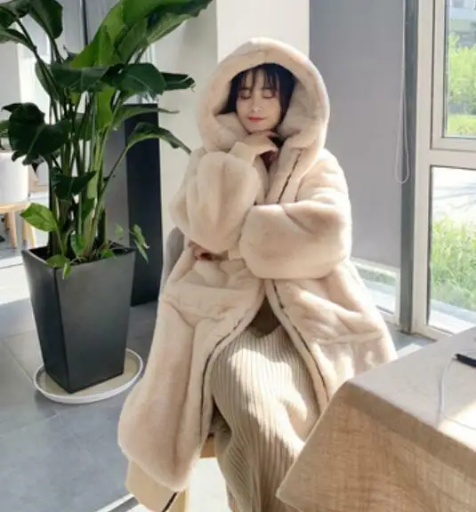 Зимнее женское длинное пальто с капюшоном из искусственного меха, парка, Повседневная утепленная куртка, 3 цвета, G011 - Цвет: Бежевый