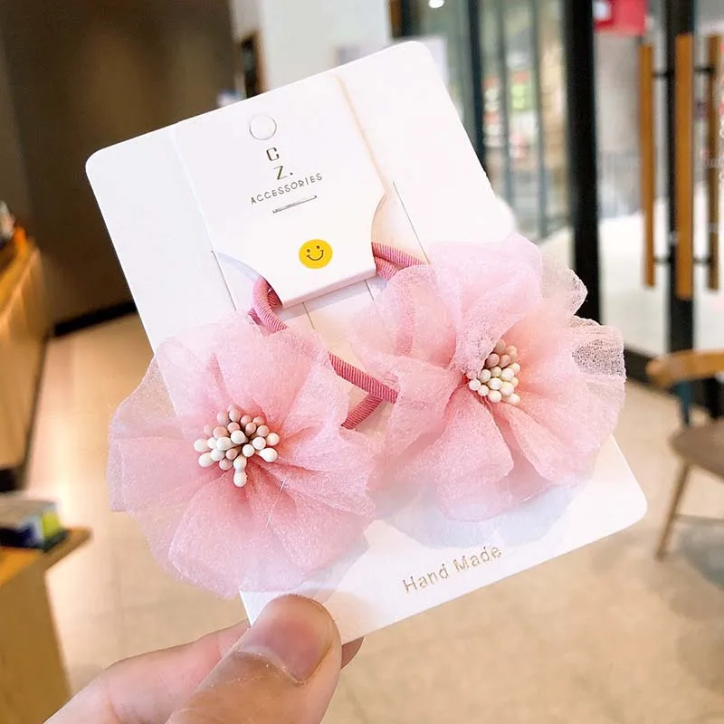 Oaoleer 2PCS/Set Novelty Net Yarn Flowers Elastic Hair Bands for Children Hair Circle Girl Hair Rope Rubber Band Ponytail Tie