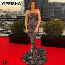 Yipeisha – robe longue de bal à paillettes, sans bretelles, tenue de spectacle, sirène, Sexy, grande taille 
