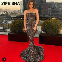 Yipeisha Strapless Sequined Prom Dresses Sweep Train Glitter Pageant Dress Sexy Long Mermaid Evening Party Gown Plus Size