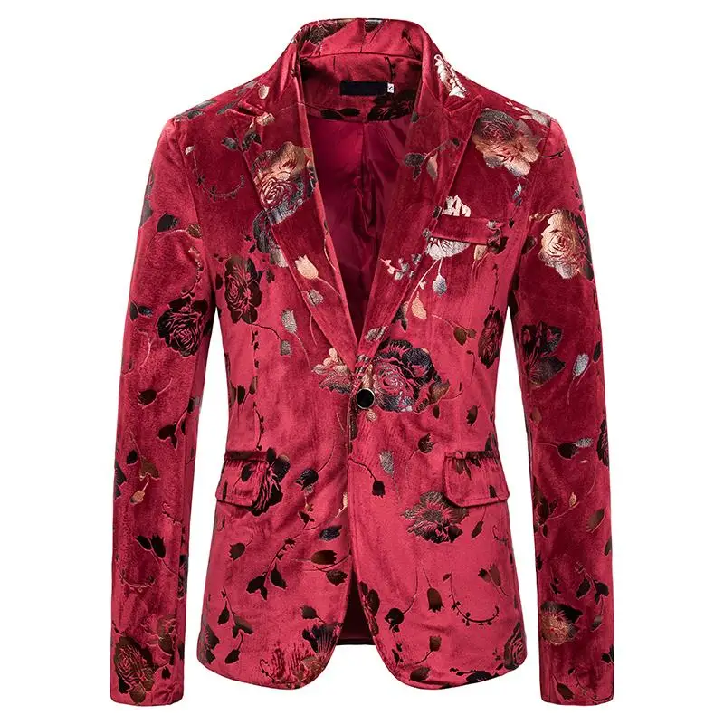 Мужской блейзер с цветочным принтом, приталенный мужской пиджак, черный и красный цвета, Новинка