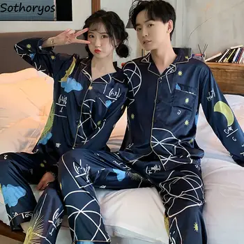

Pajama Sets Couples Turn-down Collar 3XL Printed Elegant Korean Style Womens Trendy Simple Chic Leisure Homewear Loose Ulzzang