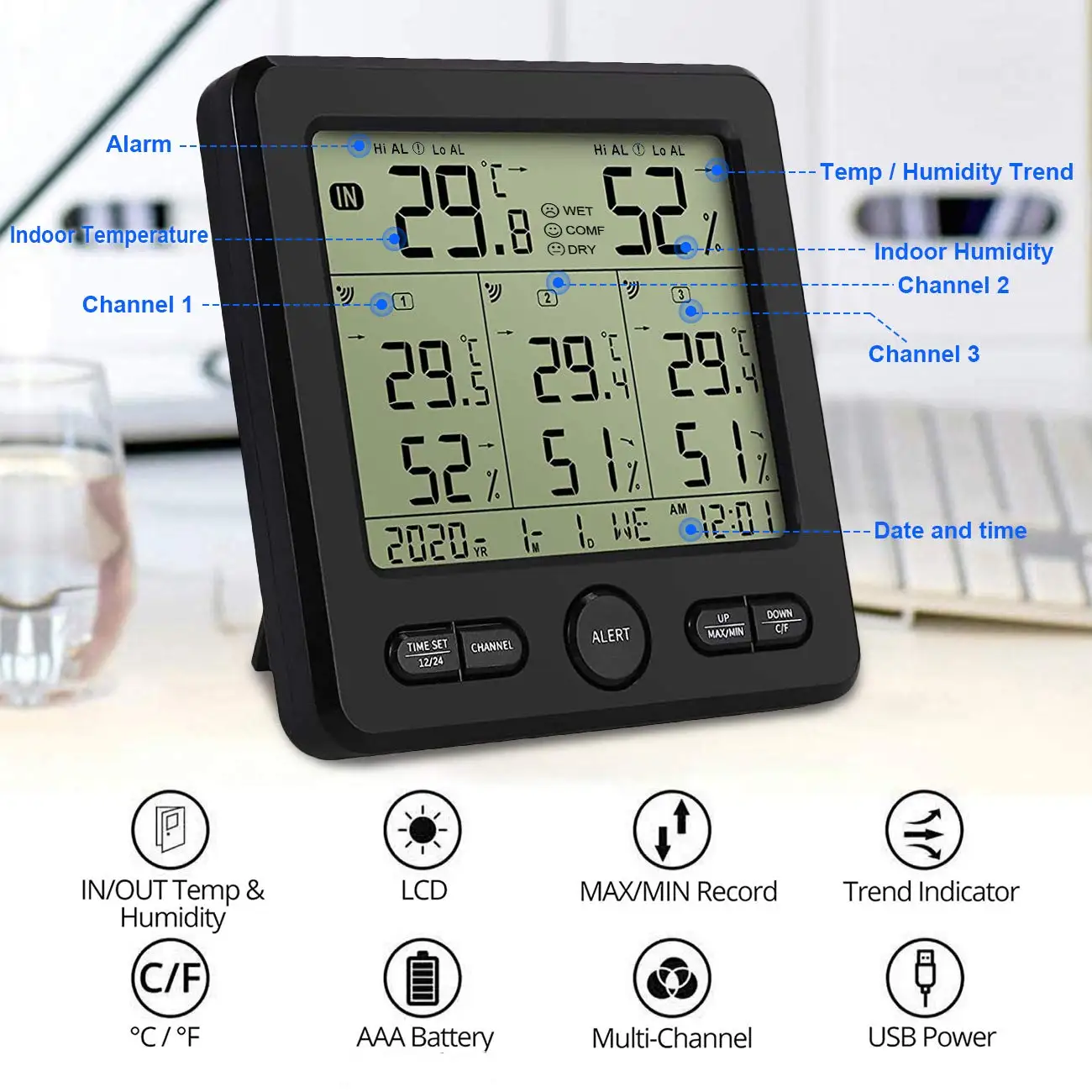 1PC Indoor Outdoor Thermometer, Digital Hygrometer Thermometer, 328ft/100m  Range Max Min Records Temperature and Humidity Gauge,Wireless Temperature  and Humidity Gauge Monitor with 1 Sensors, for Home, Office, Bedroom.