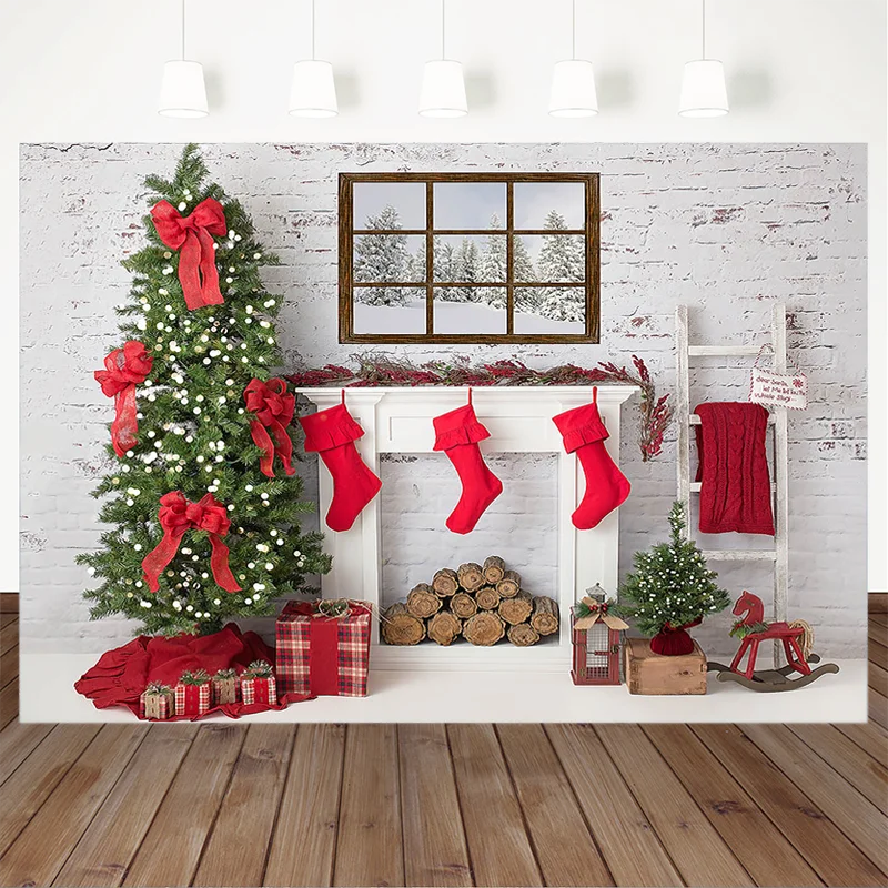 

Christmas Backdrop Decorative Tree Fireplace Socks Gift window White vintage wall Photography Background For Photo Studio
