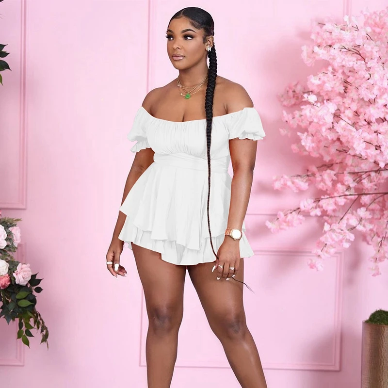 Women Sexy Off The Shouler Jumpsuits Summer Short Sleeve Ruffle One Piece Overalls Casual Loose Rompers Nightclub Party Bodycon