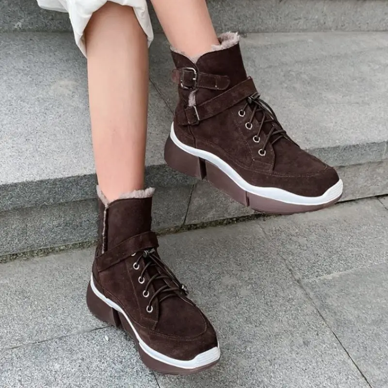 Taoffen Women Buckle Genuine Leather Snow Boots Round Toe New Arrival Warm Ankle Boots Daily Fashion Shoes Women Size 35-39