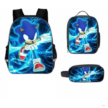 

3PCs/Set Children's cartoon schoolbag Sonic the Hedgehog backpack boys and girls schoolbag printing schoolbag pencil case set