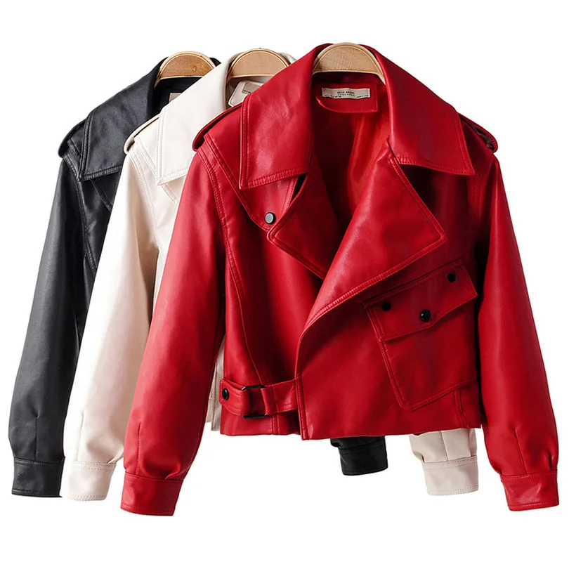 

Taotrees Autumn Winter Solid Color Full Sleeve Turn-down Collar Single Button Loose PU Leather Short Jackets