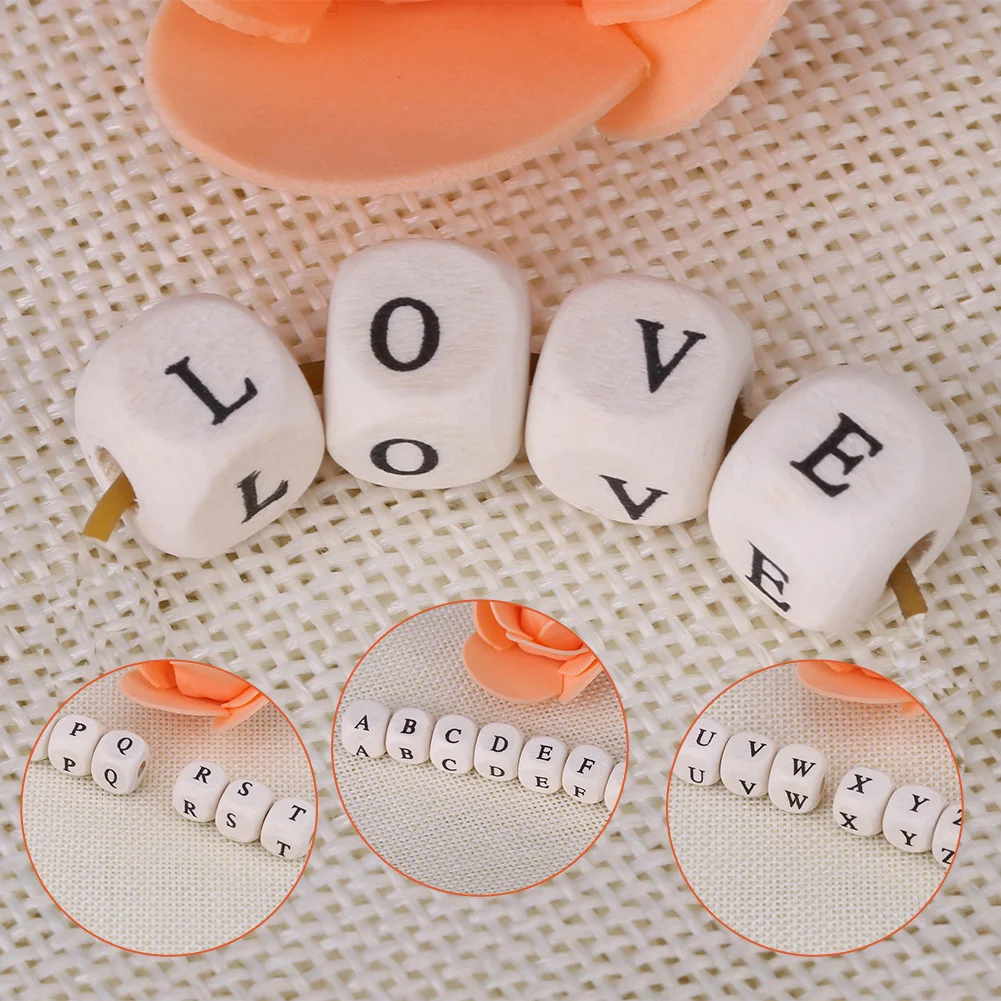 100pcs/Lot 10mm Mixed Color A-Z Alphabet Letter Cube Wood Beads Beige Square Wooded Spacer Loose Beads For DIY Craft Jewelry