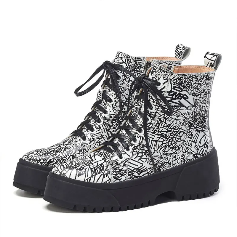 

Women's Genuine Leather Round Toe Boots Personality Print Martin Boots 6cm Platform Ankle Cross Straps Bootie Motorcycle Boots