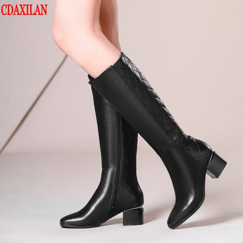 

CDAXILAN new to women's boots genuine cow patent leather side zipper knee-high boots Mid-heels square toe boots witner warm shoe