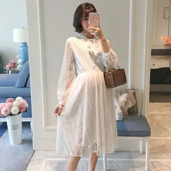 

New maternity dress spring hedging stitching lace solid color pregnancy white out mid-length fashion lace dress tide
