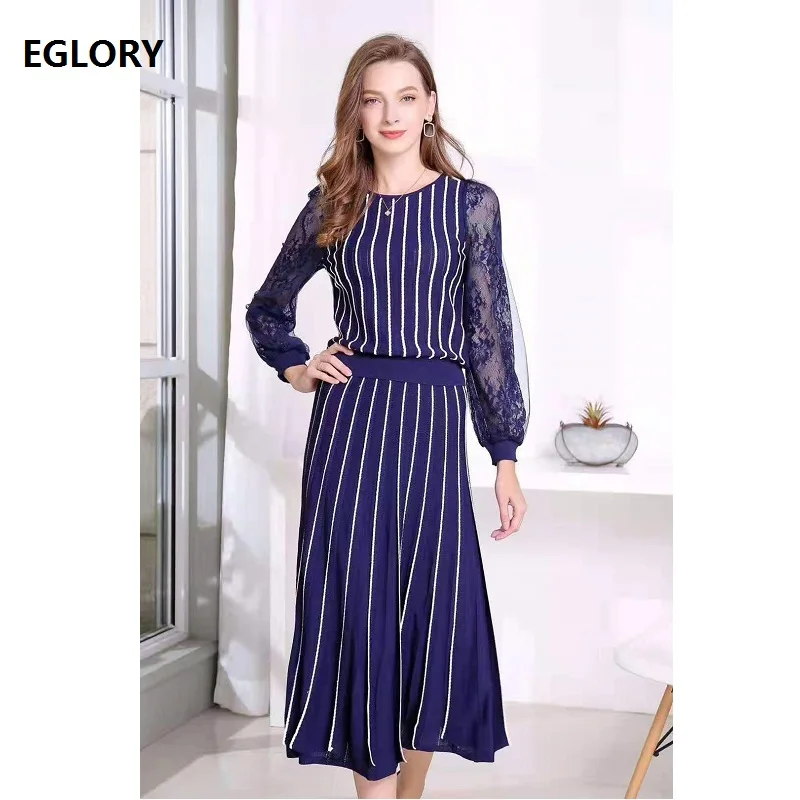 

High Quality Brand Sweater Suit Women Sexy Sheer Lace Patchwork Striped Pattern Knitted Pullovers+Mid-Calf Blue Pink Skirt Sets