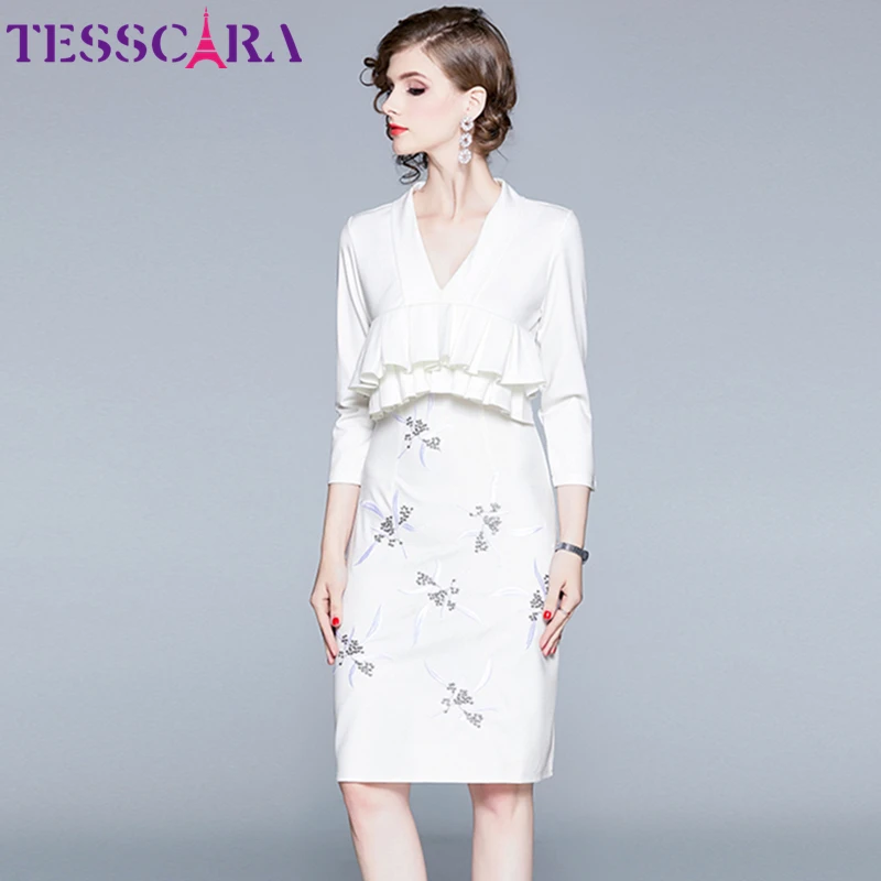 TESSCARA женское осеннее элегантное белое платье с вышивкой женское офисное женское платье Femme цветочный дизайн карандаш высокого качества Vestidos