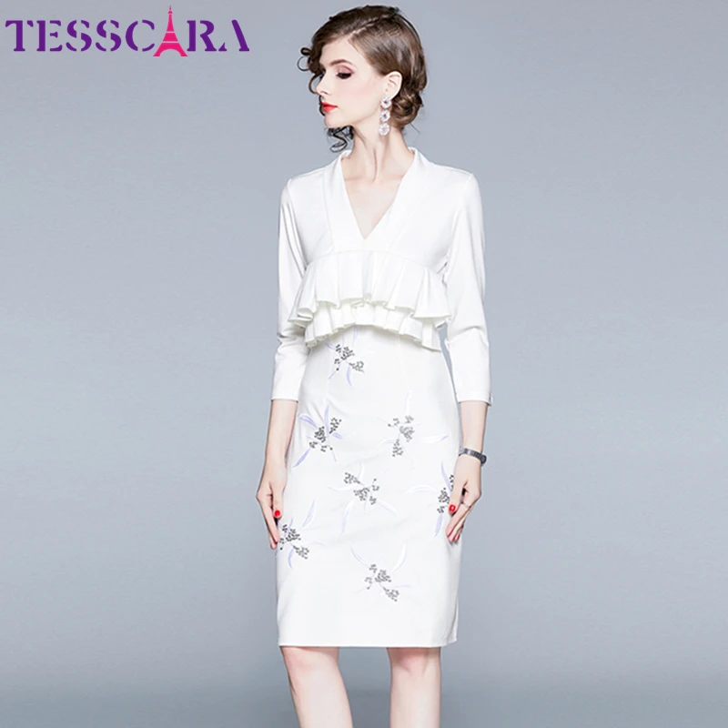 

TESSCARA Women Autumn Elegant Embroidery White Dress Female Office Lady Robe Femme Floral Designer High Quality Pencil Vestidos