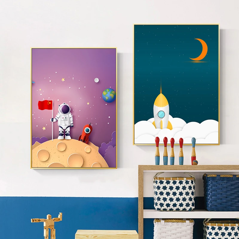 Airplane-Vehicle-Car-Nursery-Canvas-Poster-Print-Wall-Art-Canvas-Spaceship-Picture-Painting-Astronaut-Rocket-Boy (2)
