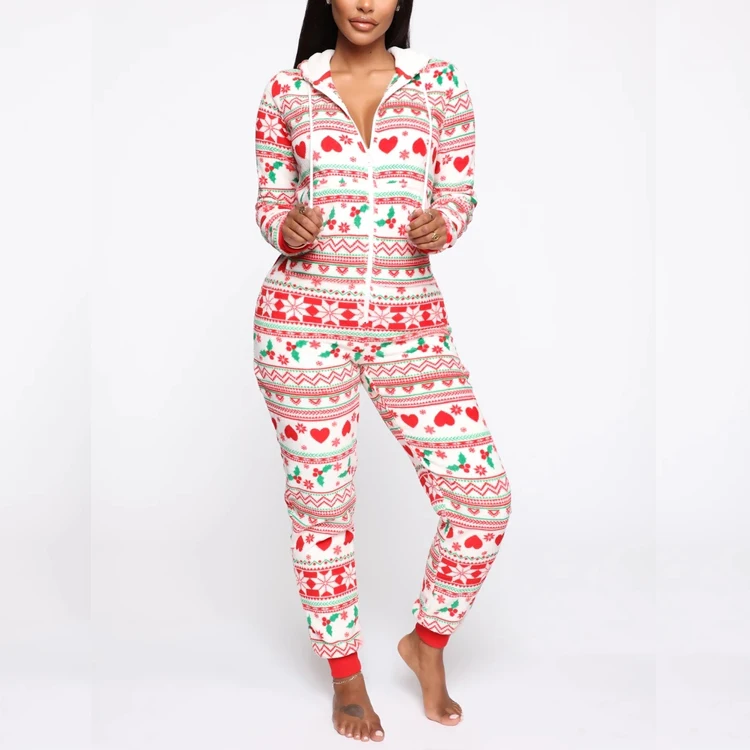 Женская рождественская Пижама, пижама с Санта-Клаусом, Рождественская пижама с длинными рукавами и капюшоном на молнии, длинная Пижама для сна - Цвет: Белый
