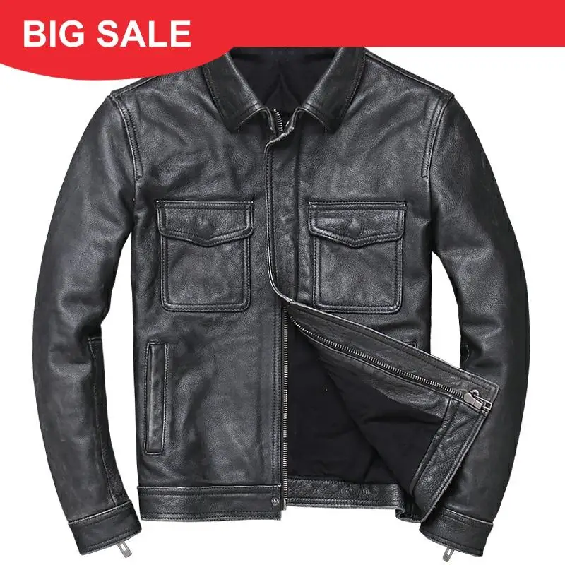 

2020 Vintage Black Men American Casual Style Leather Jacket Plus Size XXXXL Genuine Cowhide Autumn Russian Natural Leather Coat
