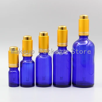 

2/10pcs 5ml 10ml 15ml 20ml 30ml 50ml 100ml Empty Blue Essential Oil Bottle With Matt Gold Press Dropper Cover DIY Sub-bottling