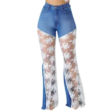 Осенние новые модные женские расклешенные брюки с высокой талией на молнии, кружевные лоскутные Дырчатые джинсы, комбинированные джинсовые штаны для женщин, Комбинезоны