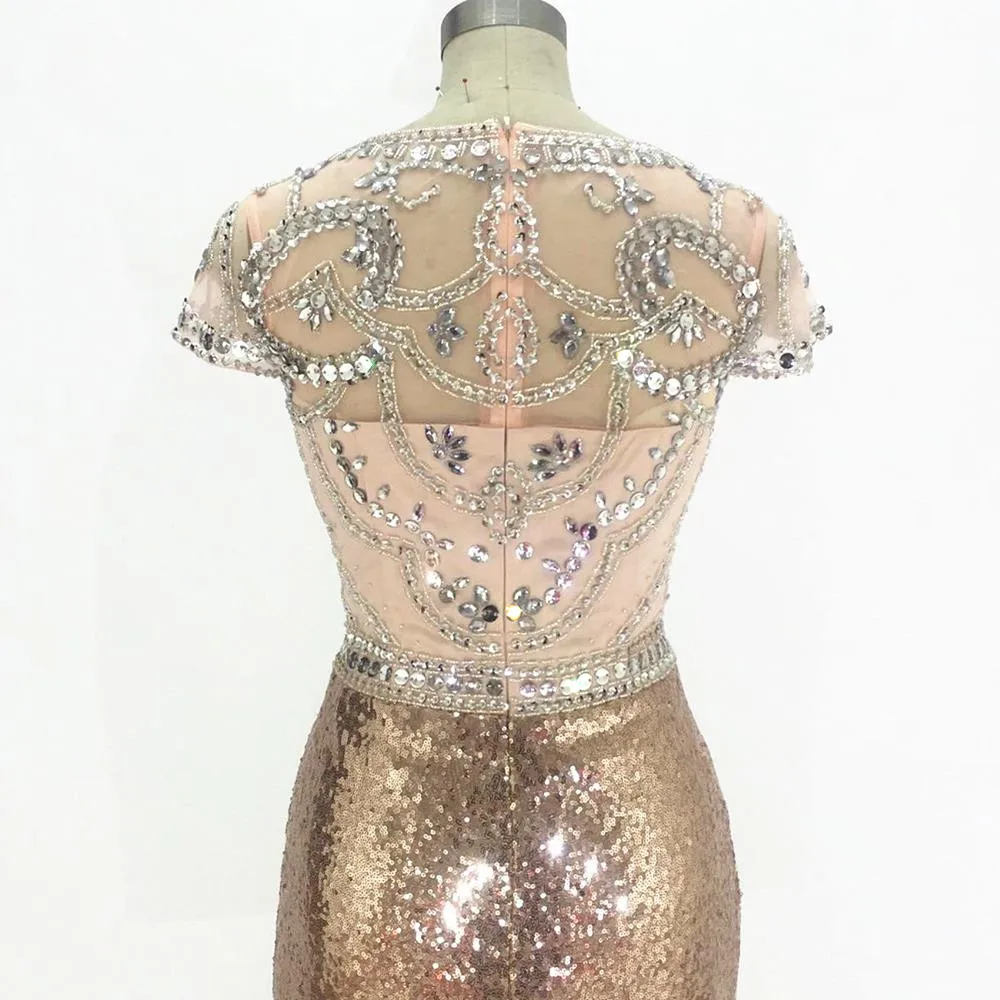 

Champagne Sparkly Crystal Beading Short Prom Dresses 2020 Abendkleider sequined Evening Dresses Knee Length Formal Party Dress