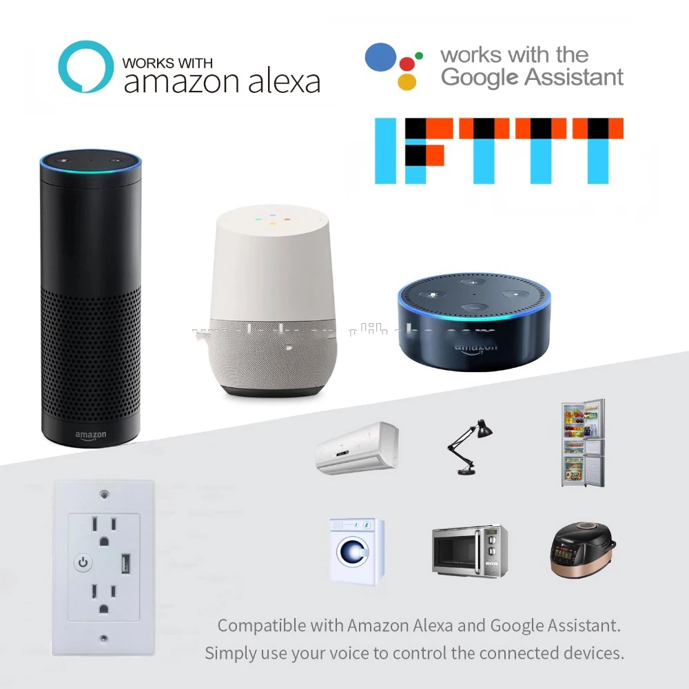 Интеллектуальная беспроводная(Wi-Fi) usb-розетки США Электрический 2 Way розетки 10A 5V 2.4A USB Порты и разъёмы Зарядное Устройство удаленного Управление Изготовитель: Tuya APP Alexa Google Home