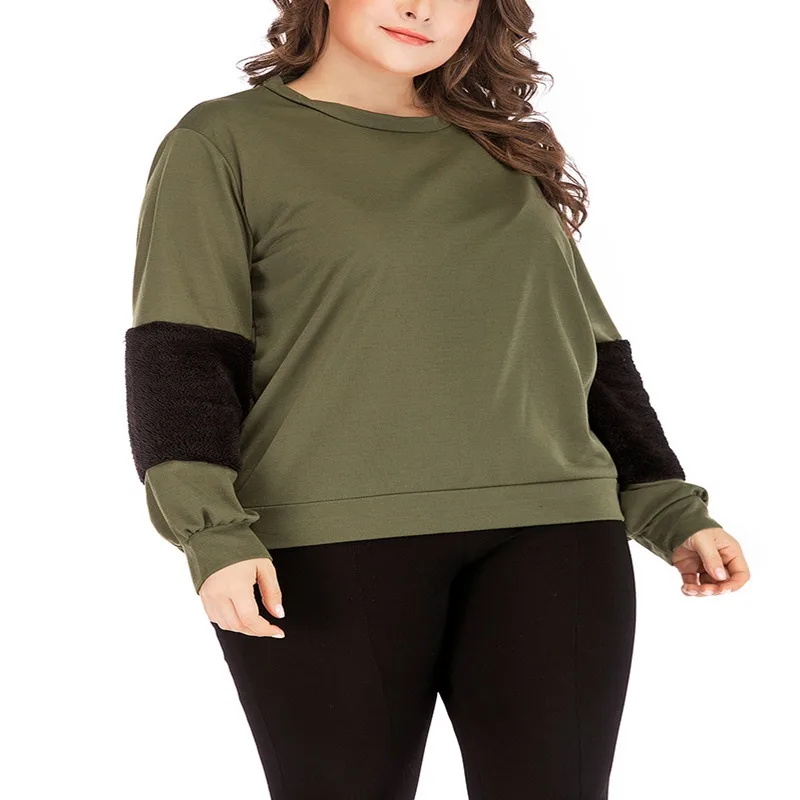 Осенняя женская футболка большого размера 4XL 5XL 6XL 7XL 8XL сшивание с длинными рукавами круглый вырез пуловер рубашка Топ бюст 135 см