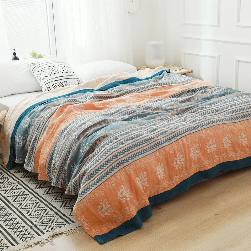Japanese geometric stripes Autumn thin quilt throw blanket jacquard cotton gauze soft bedroom bedsheet King size | Дом и сад